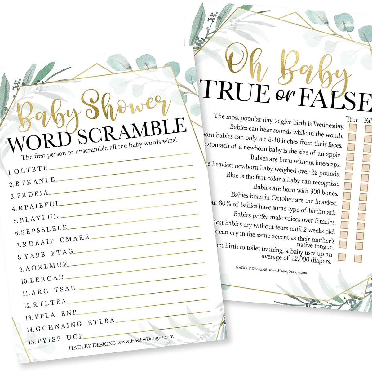 Baby Shower Games For 25 Guests - Greenery Baby Shower Game Word Scramble, True Or False, Babyshower Game Boy Girl Gender Neutral, Gender Reveal Games, Made In Usa