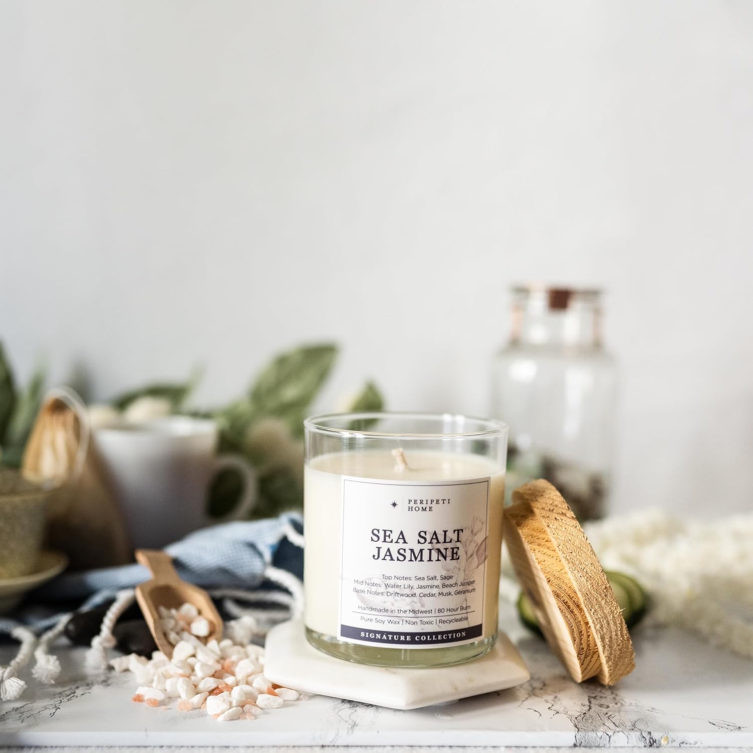 Peripeti Home Sea Salt + Jasmine Scented Candle - Wooden Wick, 8.5Oz Natural Soy Wax For Calming Coastal Aromatherapy - Long-Lasting Fresh Fragrance For Home Or Gift
