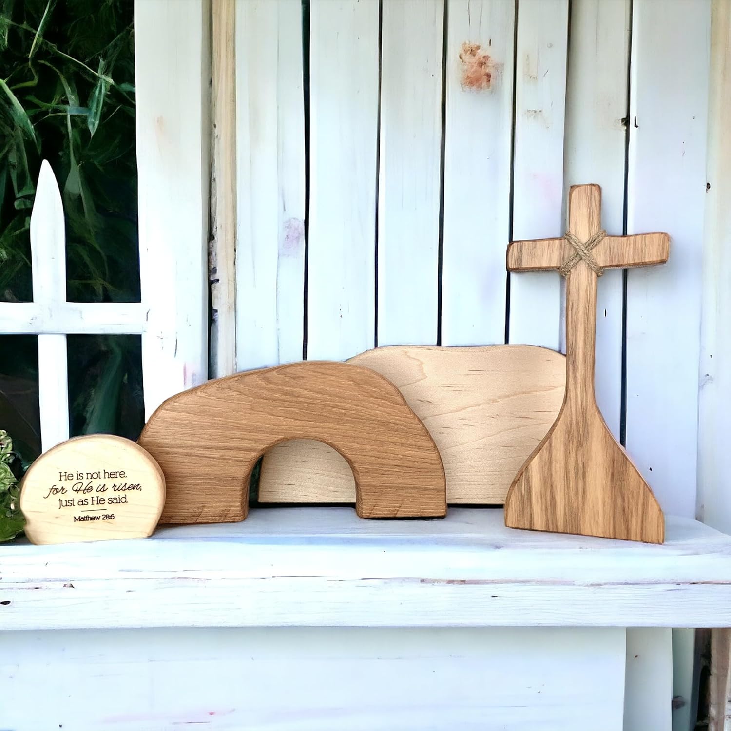 2025 New Empty Tomb Easter Decor Easter Resurrection Scene And Cross Decoration Set, He Is Risen And He Is Not Here Wooden Jesus Sign Tomb Easter Tray Bundle Kit For Home Tabletop Office Crafts (A)