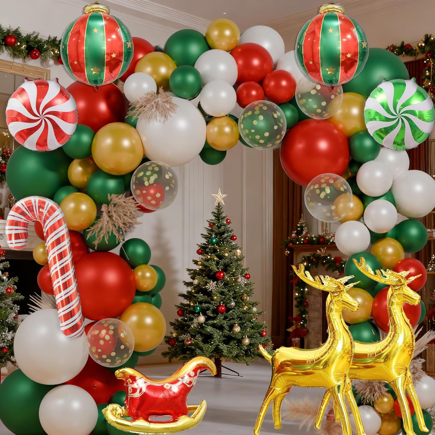130Pcs Christmas Balloon Garland Arch Kit, With Gold Red Green White Balloons Candy Balloon Sequin Balloons Moose Sleigh Balloon For Christmas Party Decorations Supplies (23"Set)