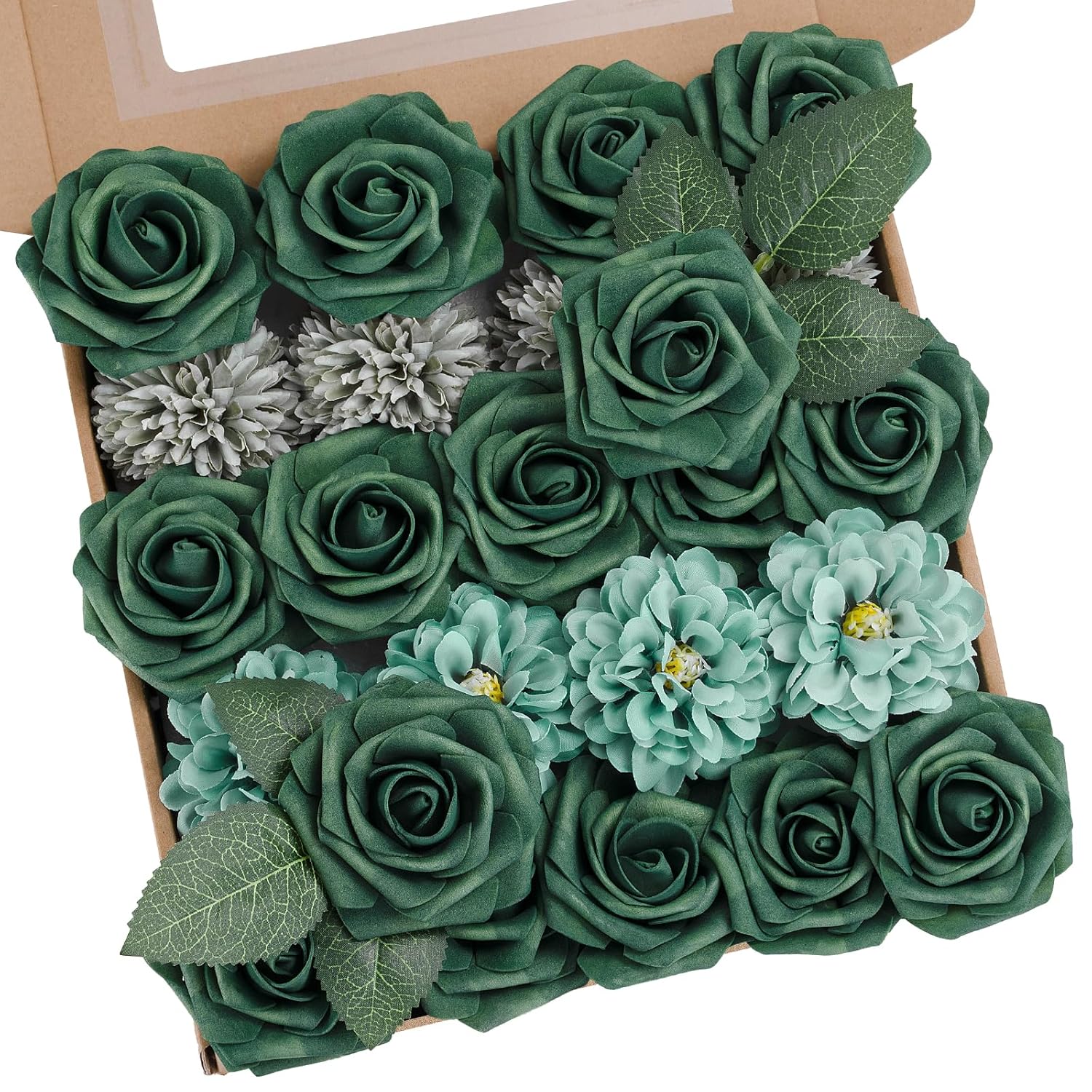 Green Flower Artificial Roses Faux Flowers With Stems Mix Fake Roses Dahlia Chrysanthemum Ball For Wedding Bridal Bouquets, Table Centerpieces, Baby Shower, Party, Home Decorations