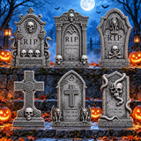 Graveyard Halloween Tombstones Decorations Outdoor: 6 Pcs Large Tombstone Halloween Yard Signs with Stakes, Realistic Scary Skeleton RIP Gravestones Lawn Cemetery Halloween Decor Front Lawn Garden Haunted House Props