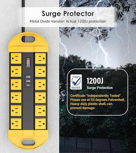 Outdoor Weatherproof Power Strip 12 Outlets USB-C 6FT Cord Yellow