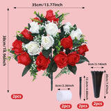 Set Of 2 Artificial Cemetery Flowers, Memorial Flowers Bouquet,Grave Memorial Flowers With Vase For Cemetery Headstones Decoration (Red White)