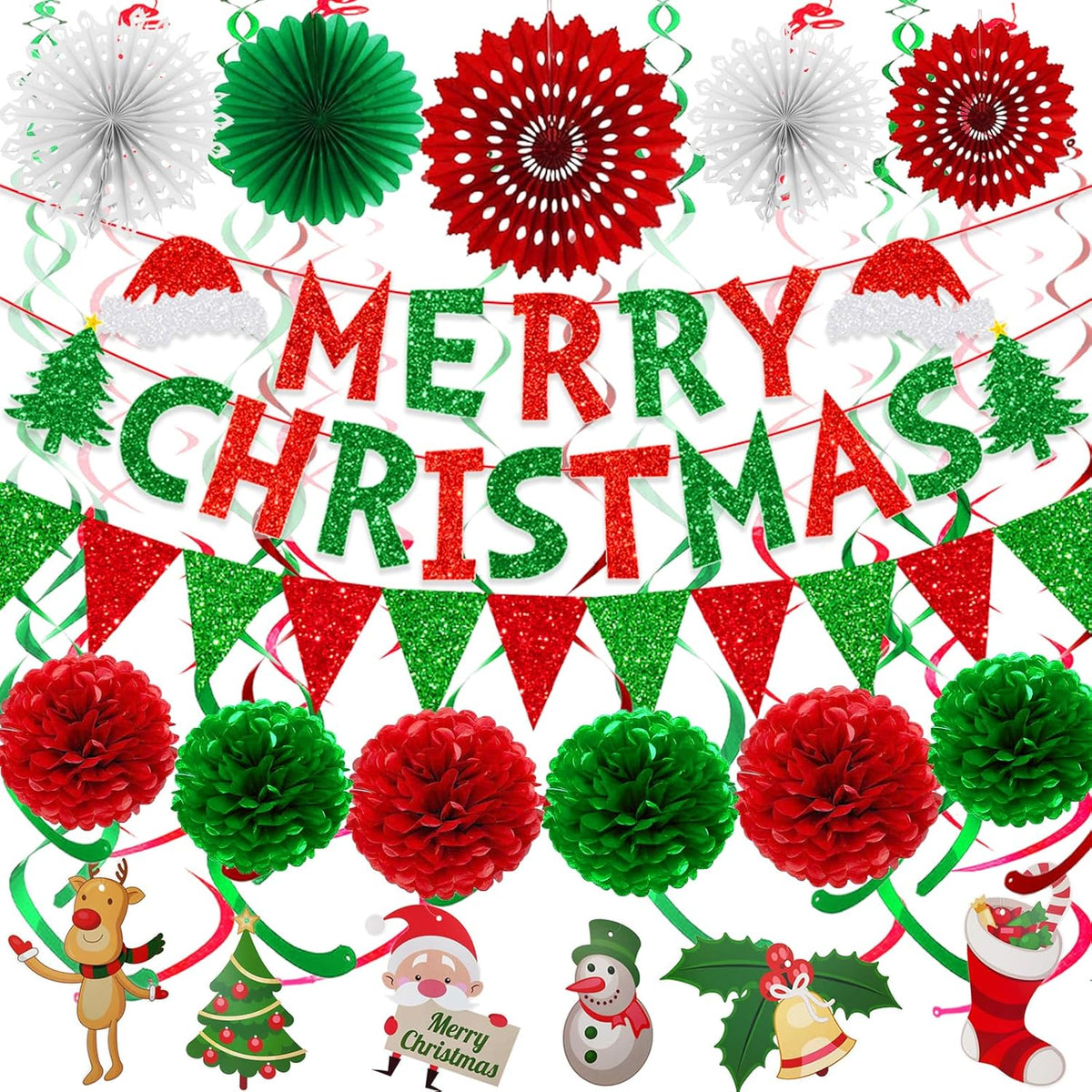 Merry Christmas Paper Banner Triangle Flag Bunting Pom Poms Paper Flower Fan Swirls Streamers Christmas Tree Stocking Bell Santa Claus Garland For Party Decoration