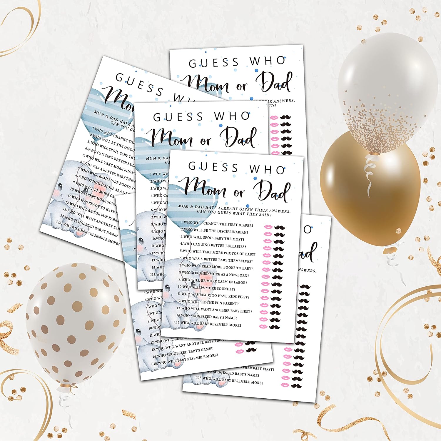 Baby Shower Games & Activity, Guess Who Mom Or Dad Game, Blue Balloon Elephant, Gender Reveal Game Card(5" X 7", 30-Pack)-E08
