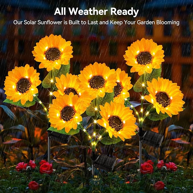 3 Pack Solar Sunflower Garden Lights Waterproof Auto On Off Outdoor Patio Backyard Decor