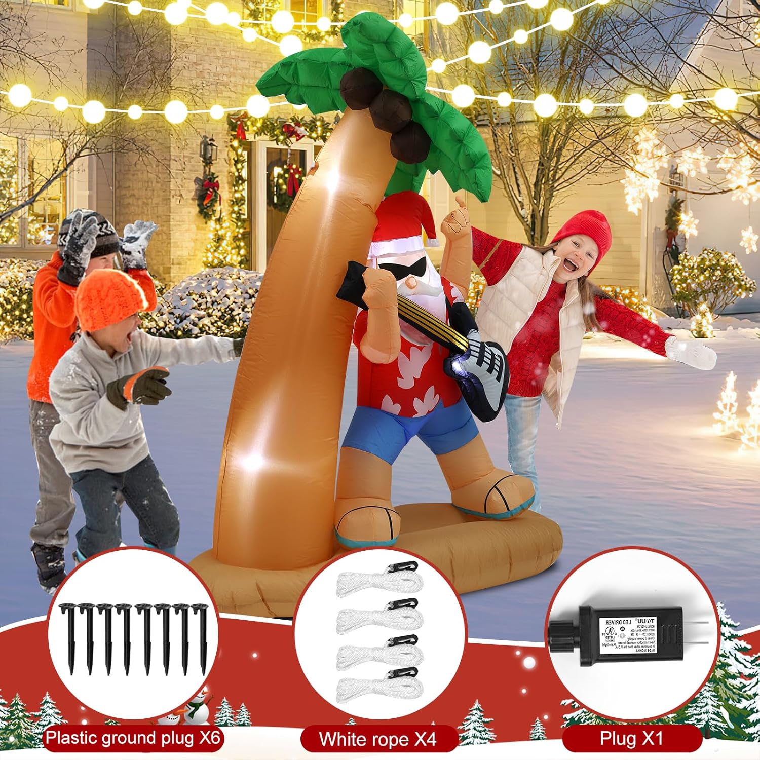 7Ft Santa Claus Playing Guitar Under Coconut Tree Christmas Inflatable Decoration With Led Lights, Suitable For Holiday