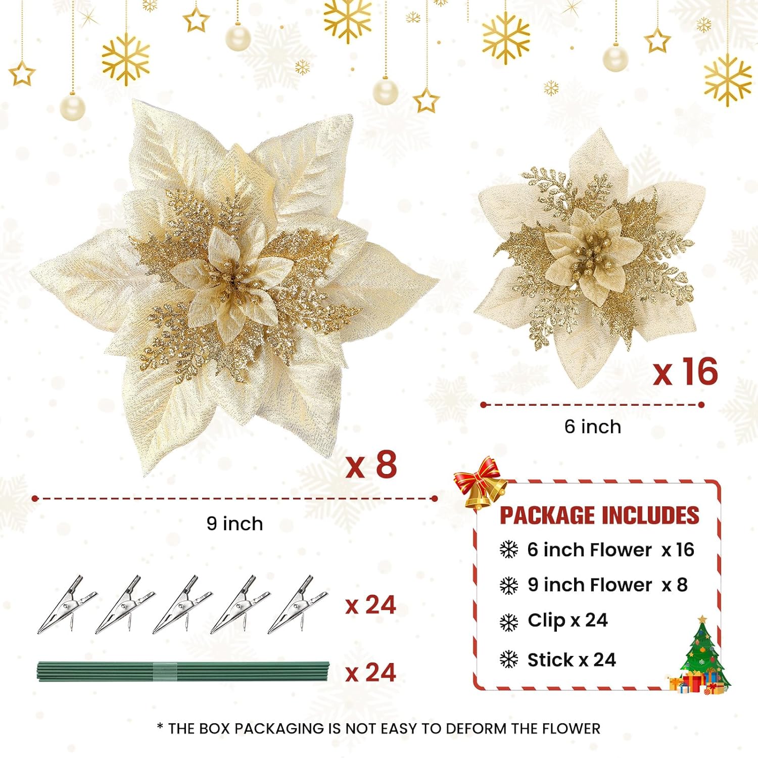 24Pcs 6"& 9 Inch Large Gold Artificial Poinsettia Christmas Flowers Decoration,Glitter Faux Ornaments For Xmas Tree Wreath Garlands New Year Home Decor, Gold