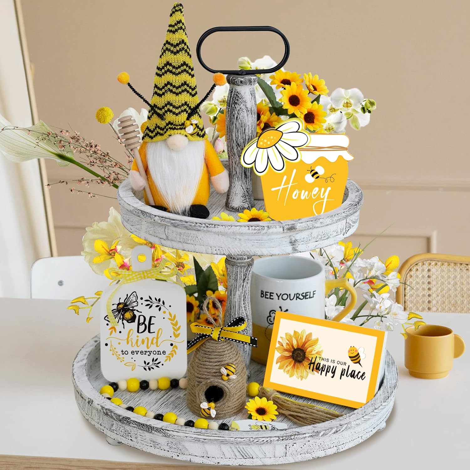 Bumble Bee Tray Decor Set, Gnome Tiered, Farmhouse Decor, Gnome Plush, 3 Signs, Bee Hive, Wood Garland, Rustic Kitchen Decor,Spring Summer Tray Décor, 6Pcs