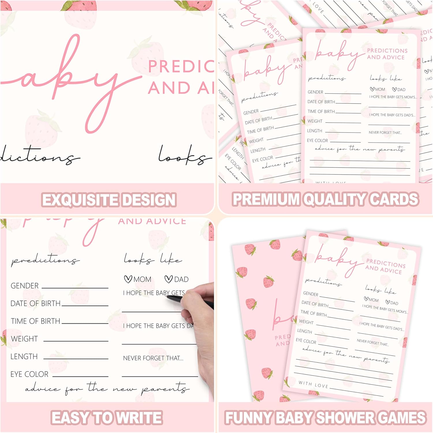 Baby Shower Games For Girl, Strawberry Baby Predictions And Advice, 25 Double-Sided Hilarious Games For Gender Reveal Party Decorations Supplies Announcement - E02