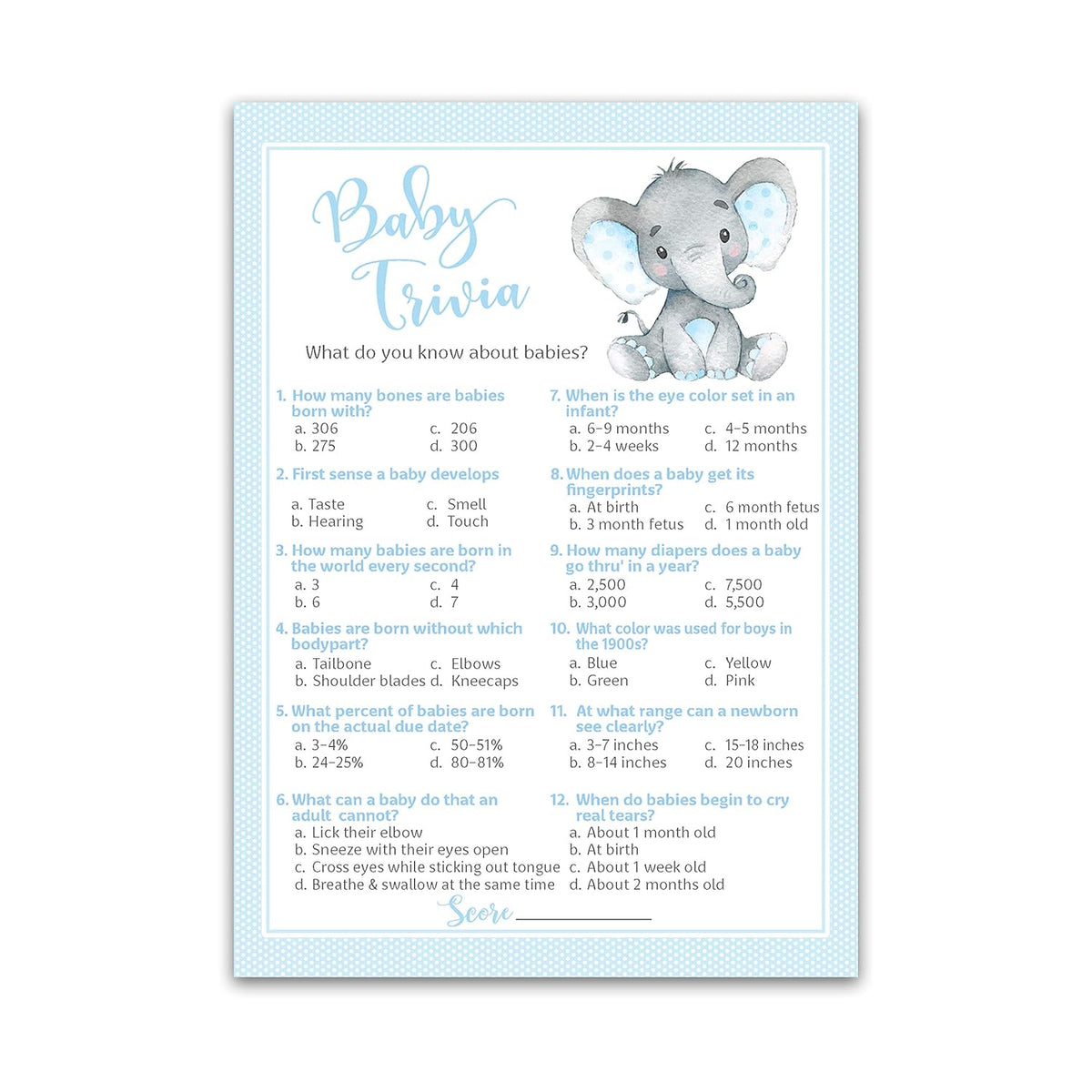Blue Elephant Baby Shower Games — Baby Trivia Game — Pack Of 25 — Boy Shower Activity, Fun Facts, Little Peanut Couples Shower Birthday Party G501-Trv