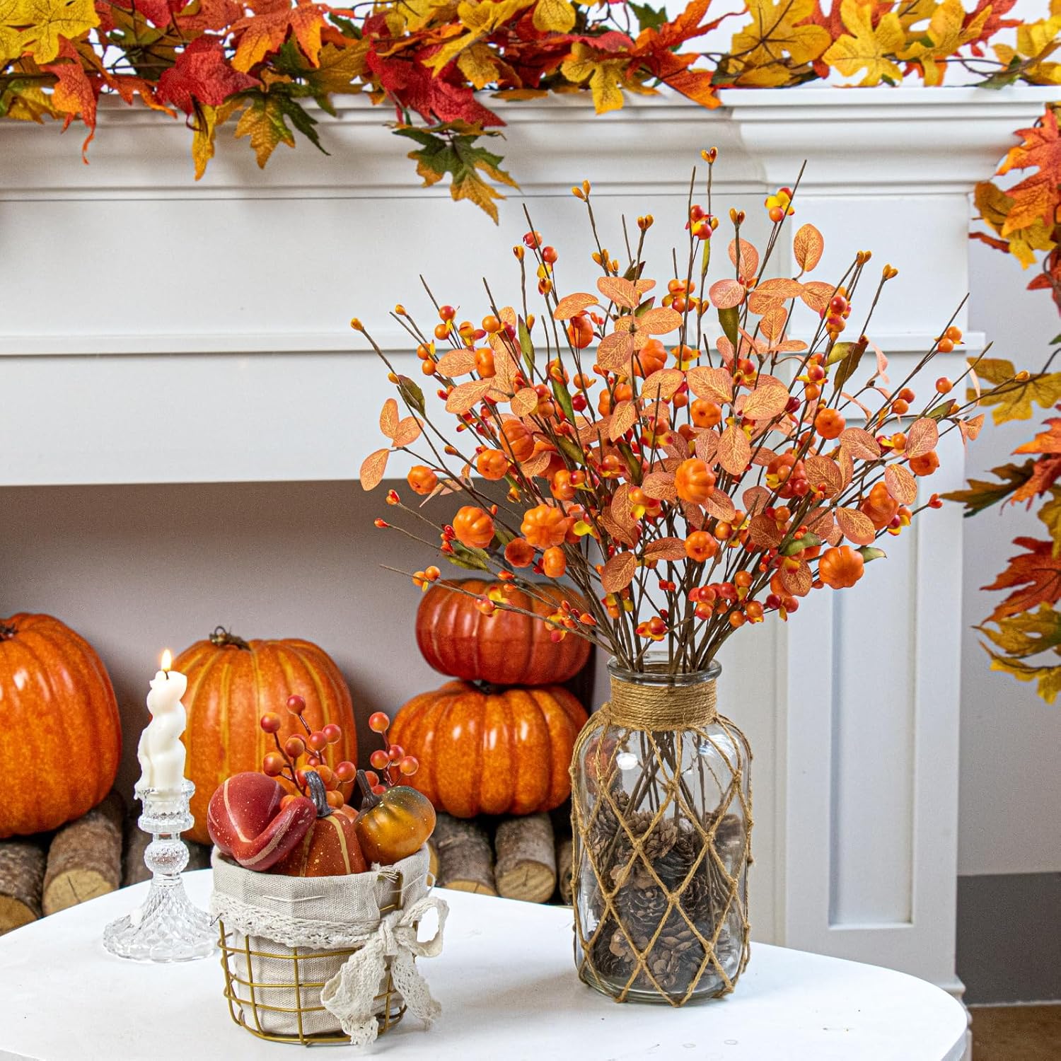 Artificial Fall Decorations 12 Pack Fall Pumkin Picks 17 Inch Orange Berry Stems With Eucalyptus Leaves For Autumn Thanksgving Day Harvest Festival Flower Arrangement Centerpieces Diy Crafts