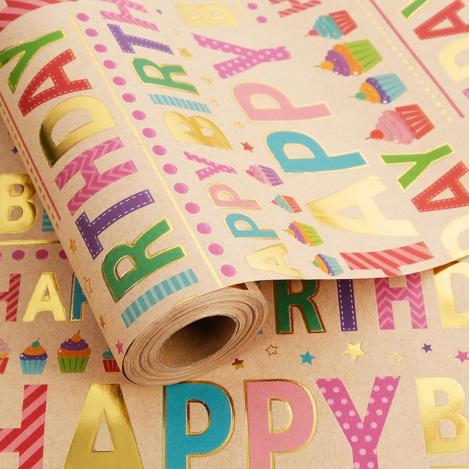 Colorful Birthday Wrapping Paper Roll - 17 Inch X 32.8 Feet - Gold Foil Happy Birthday Lettering & Cupcake Design Gift Wrap For Kids, Baby Showers