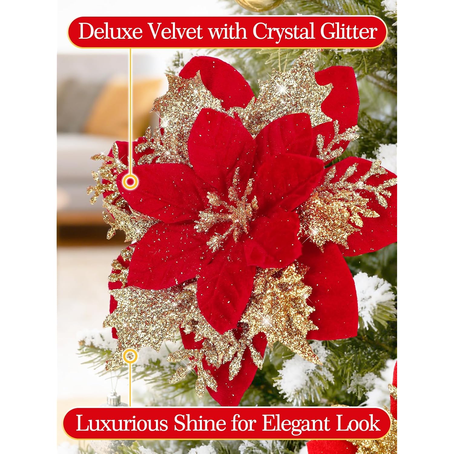 12Pcs Velvet Christmas Decorations Poinsettia Artificial Flowers - 5.5'' Red Glittery Poinsettia With Picks Christmas Tree Garland Ornaments For Xmas Party Wedding Table Centerpieces Decor