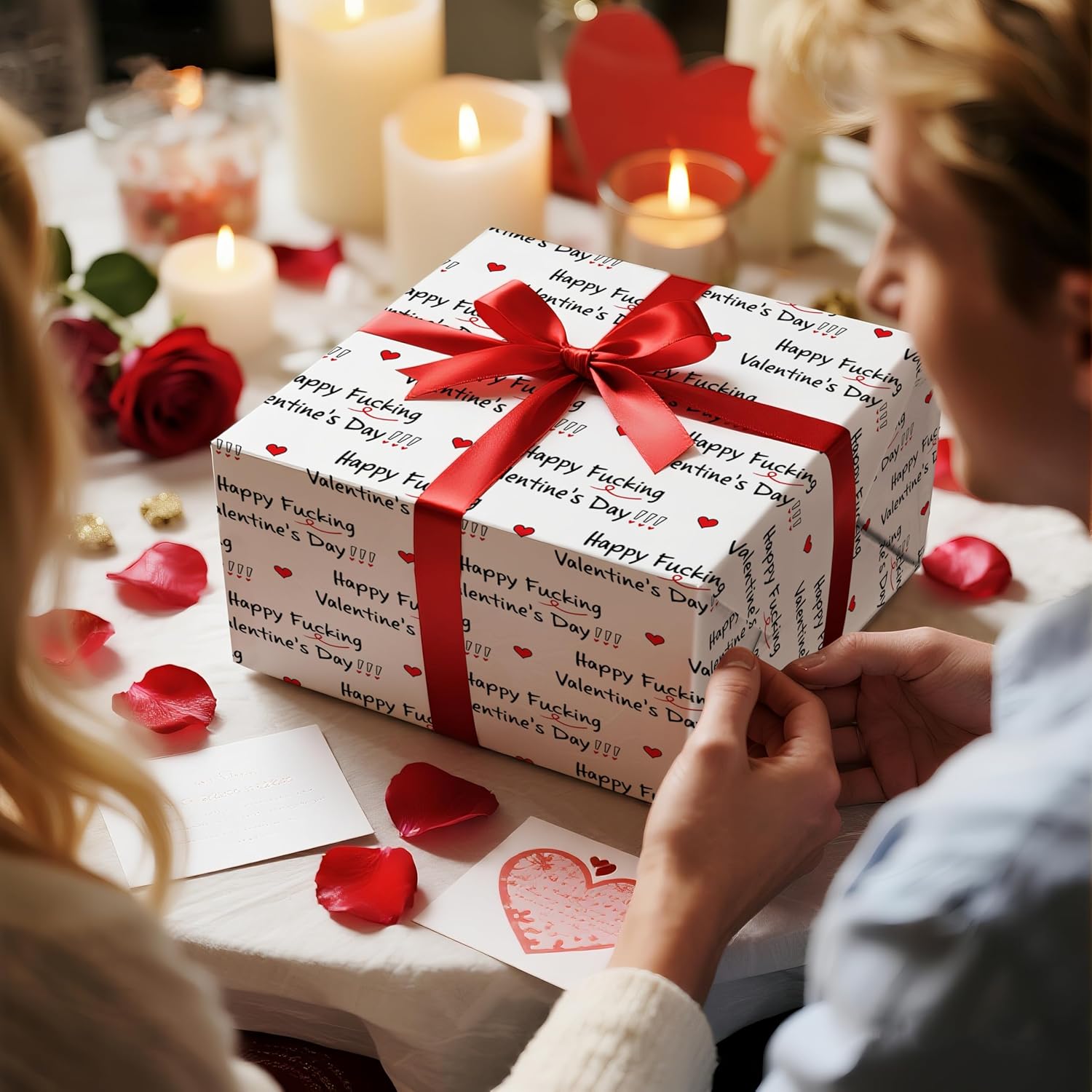 Funny Valentine Wrapping Paper Roll, Happy Valentine Day Text With Red Hearts, Humor Gift Wrap For Him Her Husband Wife, Mini Roll 17 Inches X 16.4 Feet