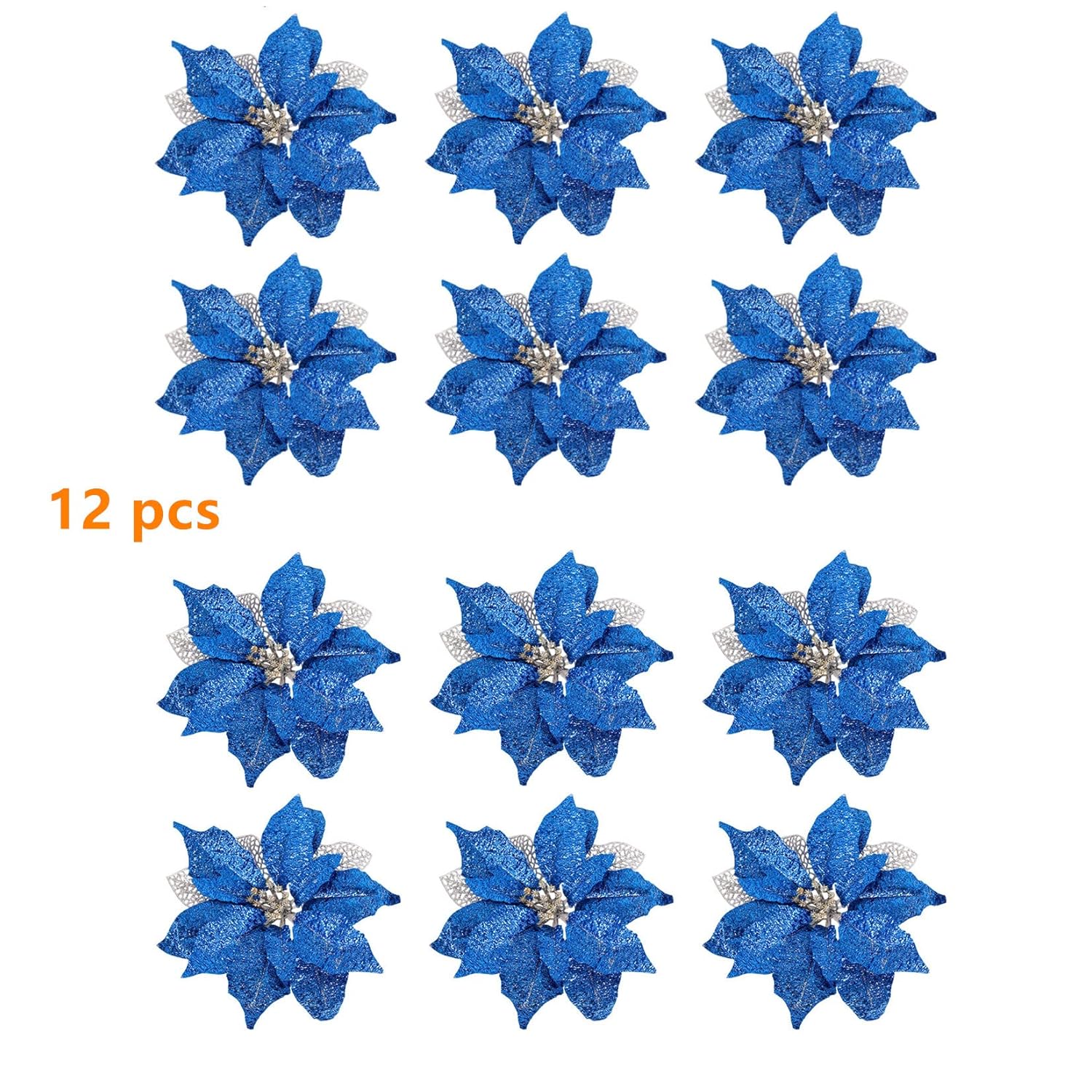 9 Inch Large Glitter Royal Blue Poinsettia Christmas Tree Ornaments Wedding Artificial Flowers Decorations Pack Of 12