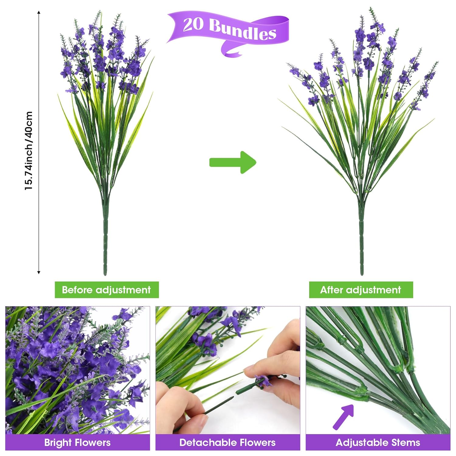 20 Bundles Artificial Lavender Flowers For Outdoors Fake Silk Flowers Faux Plants Uv Resistant For Indoor Outside Spring Porch Garden Window Table Box Office Home Decorations, Deep Purple