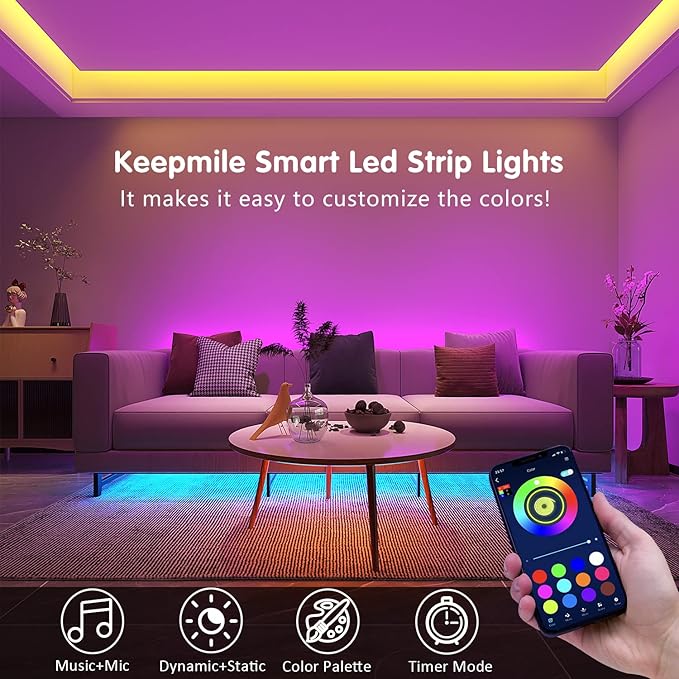 100FT RGB LED Strip Lights Bluetooth App Remote Music Sync Color Changing Room Lights