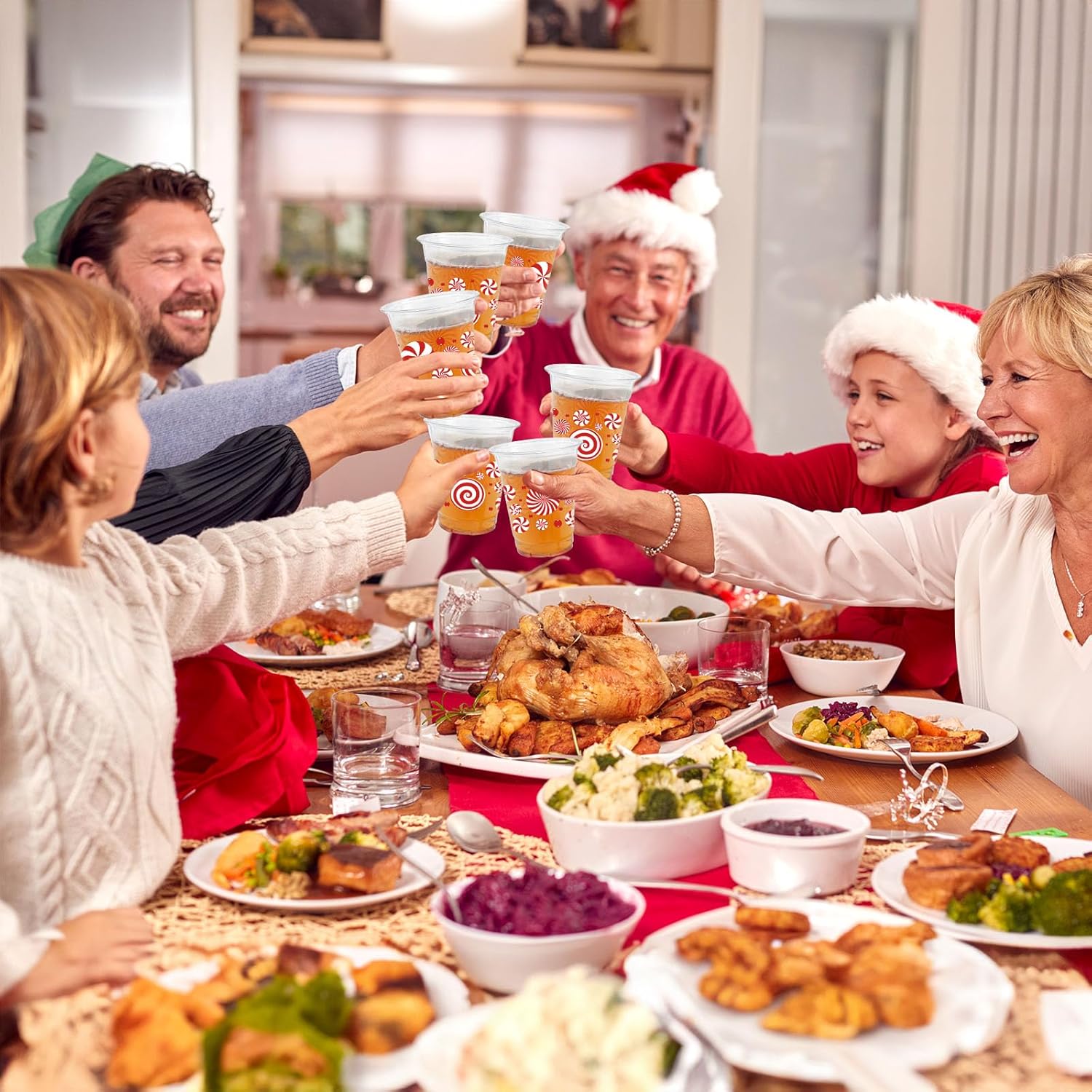 50 Pcs 12Oz Christmas Plastic Cups,Red White Christmas Peppermint Candy Cane Disposable Clear Plastic Cups Juice Soda Beverage Party Favors For Merry Xmas Holiday Themed Decorations Supplies