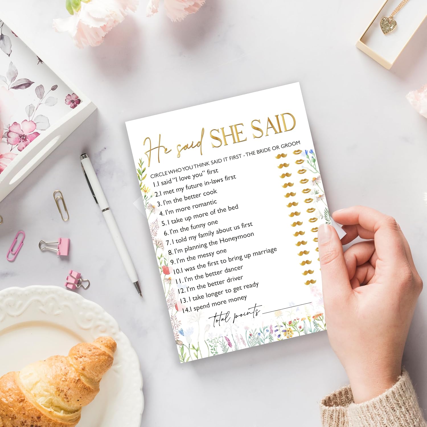 Wildflowers Games Cards, Wedding Shower Games Set, He Said She Said Bridal Shower Game, Spring Flower Themed Bachelorette Party Game, Engagement Party Decorations Supplies, Set Of 25 Cards-02