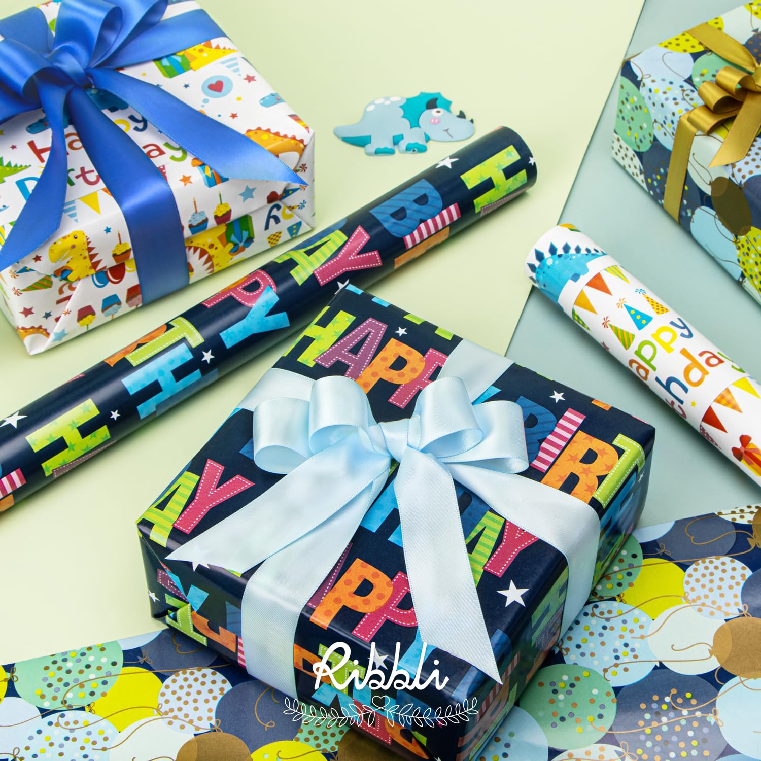 Dinosaur Birthday Wrapping Paper 3 Rolls Happy Birthday Dinosaur Balloon Printed Wrapping Paper For Boys- Mini Roll 17 Inch X 120 Inch(10Feet) Per Roll