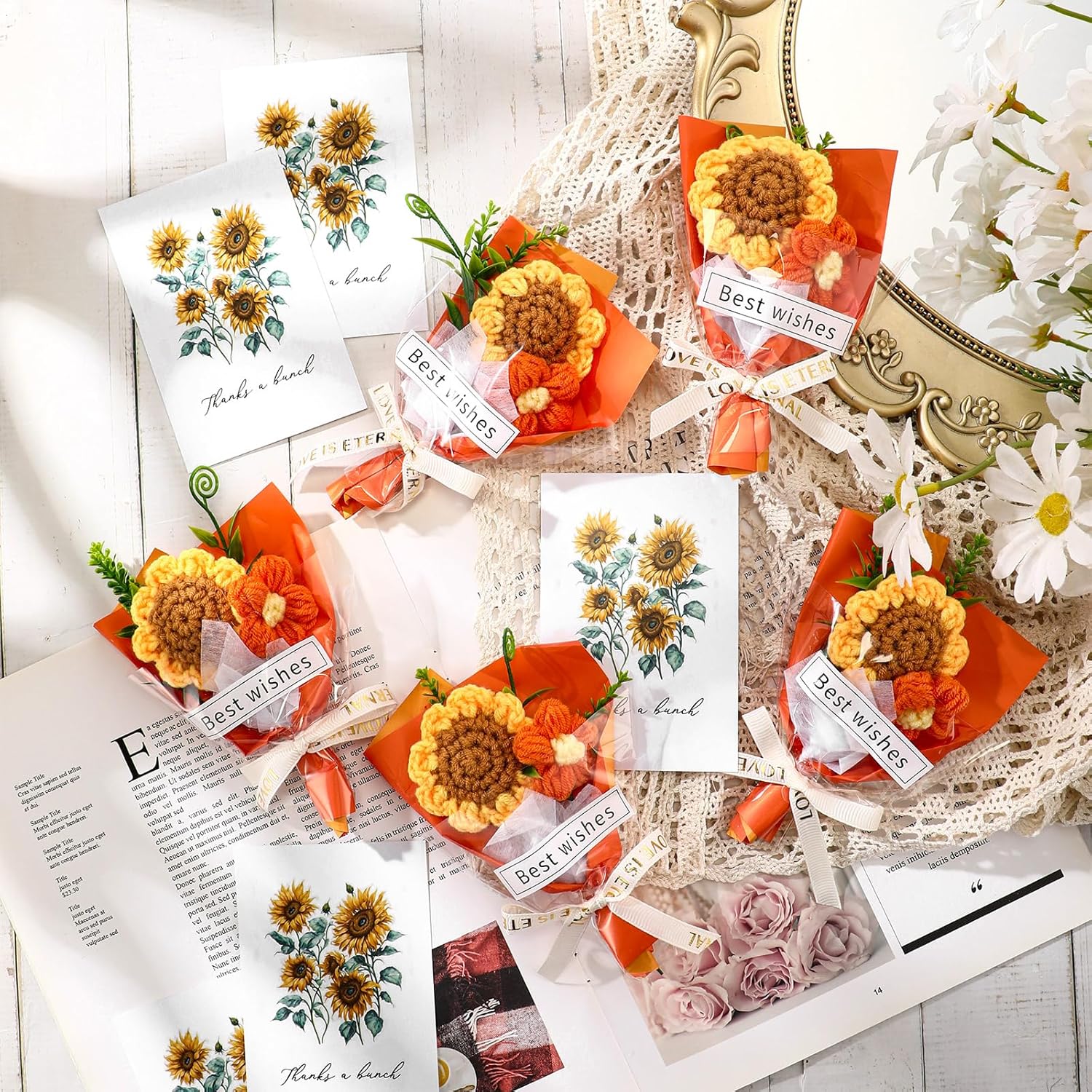 Valentines Day Crochet Bouquet For Mom Lady Women Handmade Knitted Artificial Flowers Party Decorations A Bunch Of Love Cards In Gift Bags For Weeding Baby Shower Favor(10 Sets,Sunflower)
