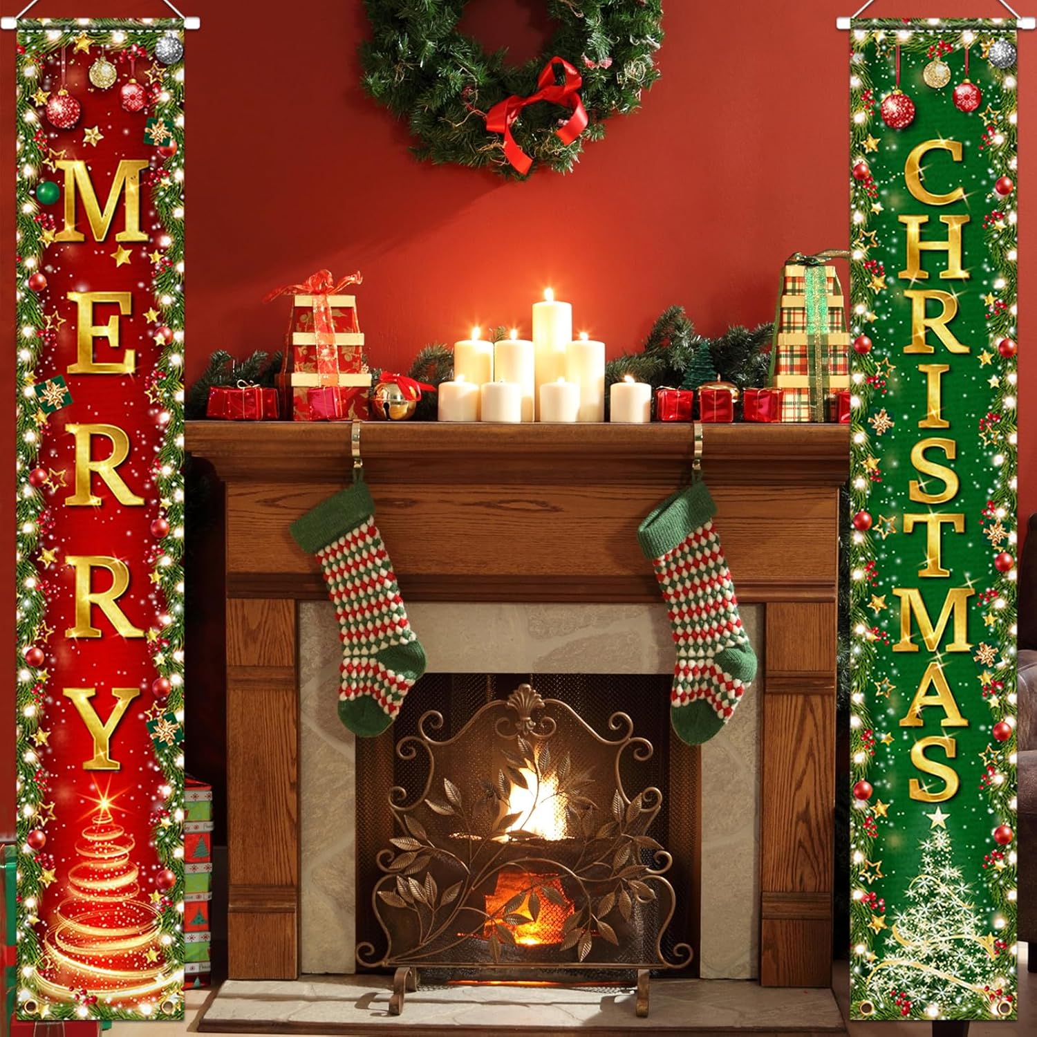 Christmas Decorations - Merry Christmas Door Banner Winter Xmas Front Door Porch Sign Red And Green Xmas Hanging Door Banner For Winter Holiday,Christmas Party Supplies