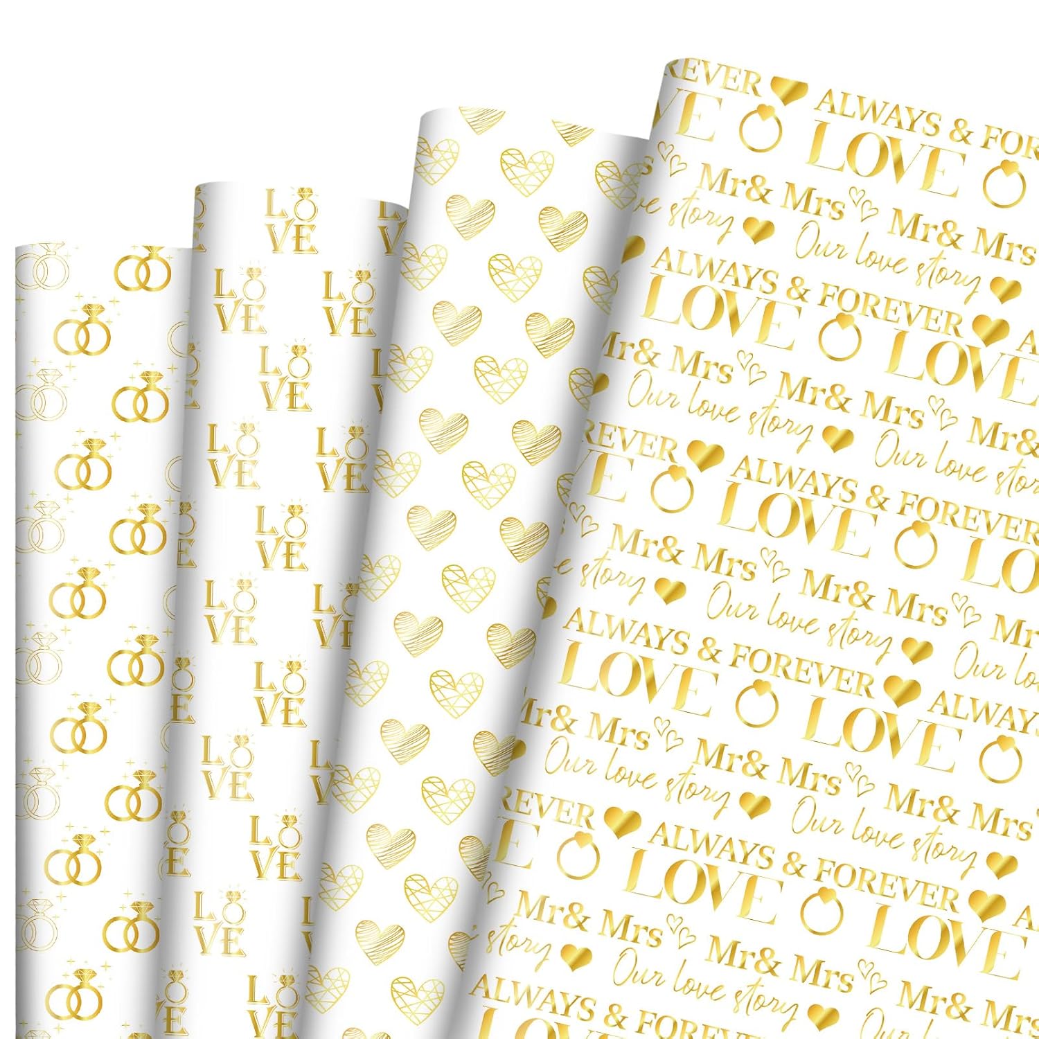 Ring Gift Wrapping Paper, 12 Sheets Engagement Ring Gift Wrap Gold Love Wrapping Paper With Mr & Mrs Design For Bridal Shower Anniversary Engagement Valentine'S Day Birthday, 19.7'' X 27.6''