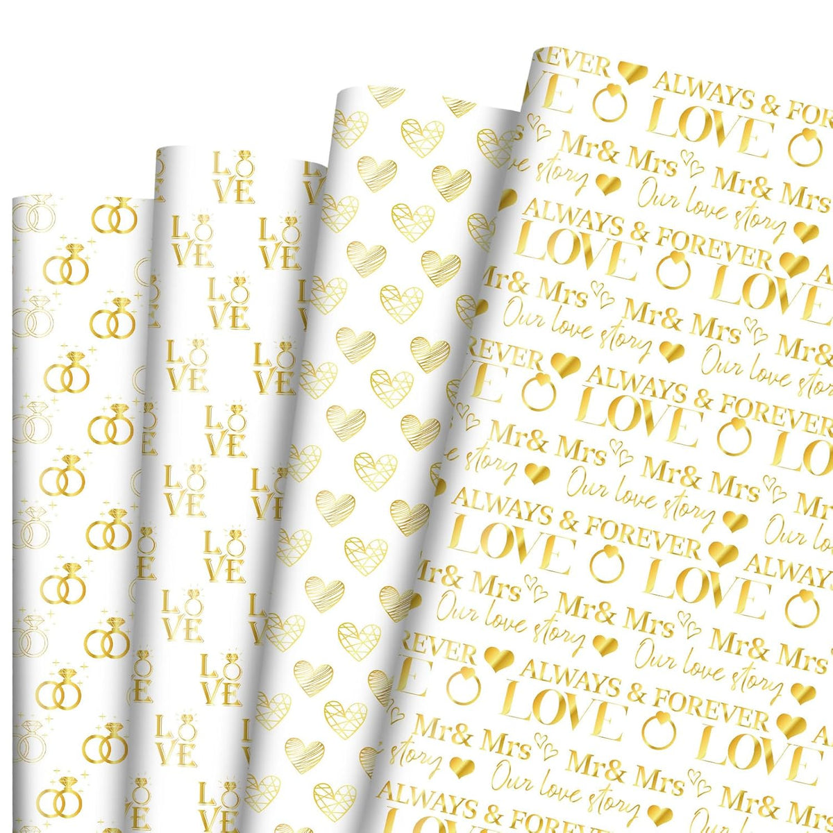Ring Gift Wrapping Paper, 12 Sheets Engagement Ring Gift Wrap Gold Love Wrapping Paper With Mr & Mrs Design For Bridal Shower Anniversary Engagement Valentine'S Day Birthday, 19.7'' X 27.6''