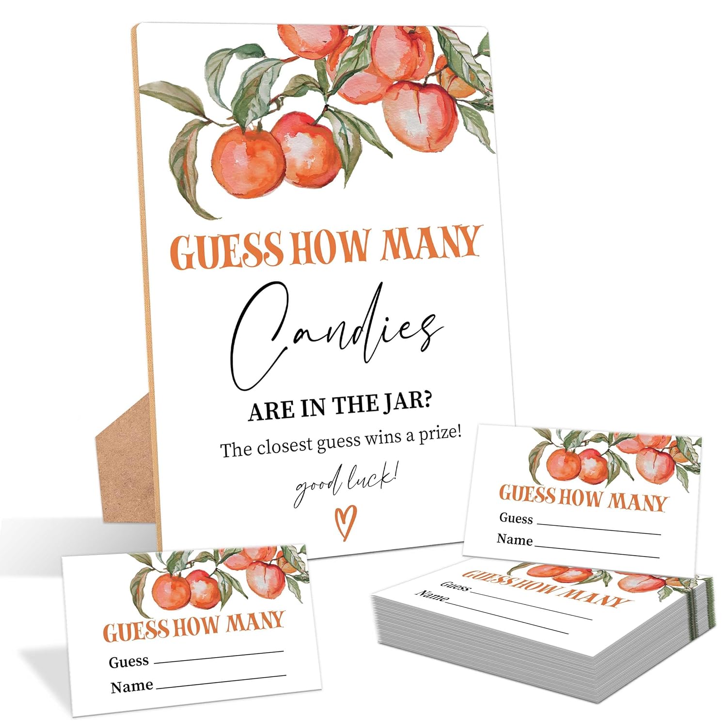 Peach Guess How Many Candies Are In The Jar Game, Pack Of 1 Wooden Tabletop Sign With Stand And 50 Guessing Cards, Sweet Peach Baby Shower Game, Gender Reveal Party Decorations - Wv15
