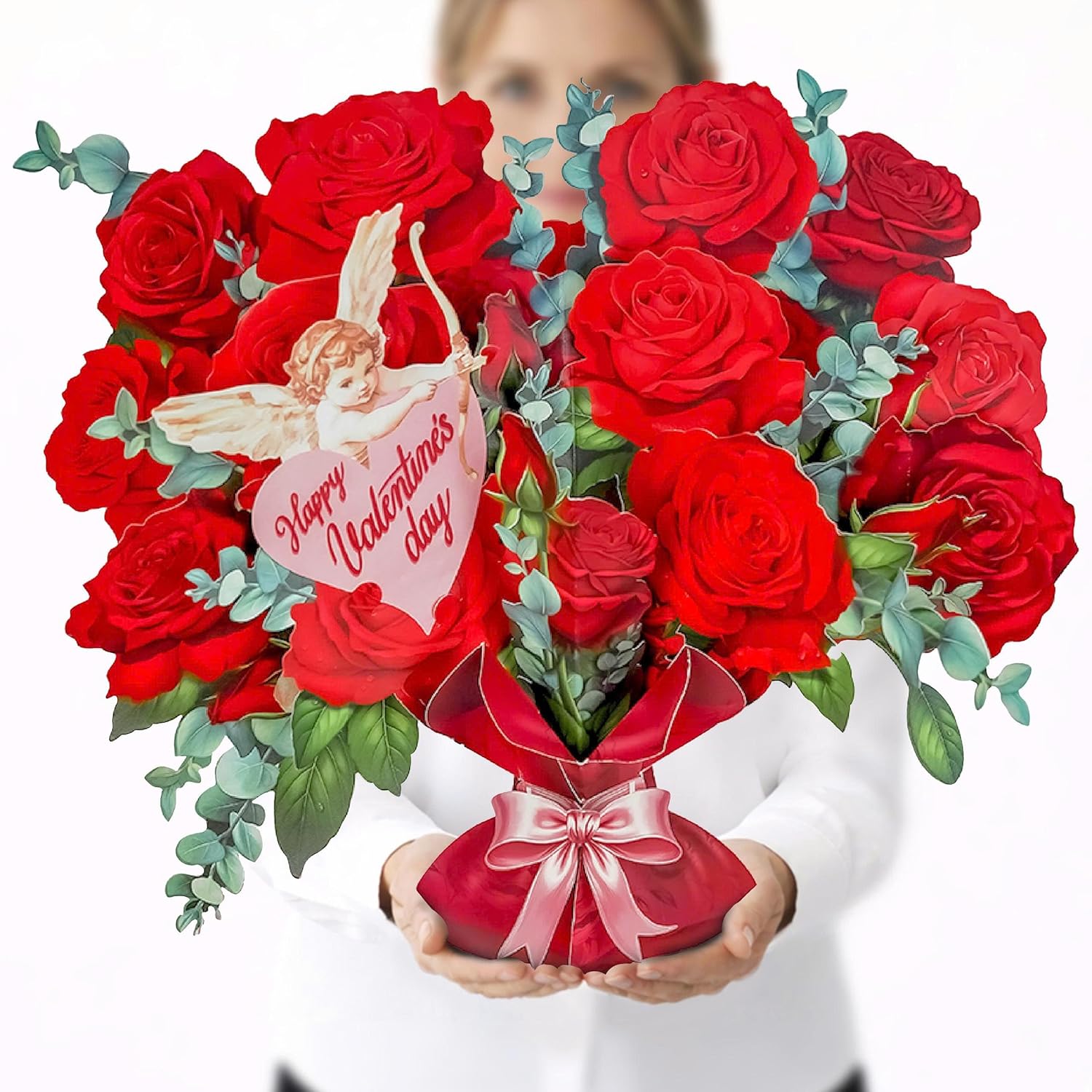 Romantic Rose Pop Up Card, 15.5 Inches Real Size Display 3D Valentine Greeting Card, Happy Valentine'S Day, Paper Flower Bouquet, Decorative Gift For Wife, Includes Envelope & Message Card