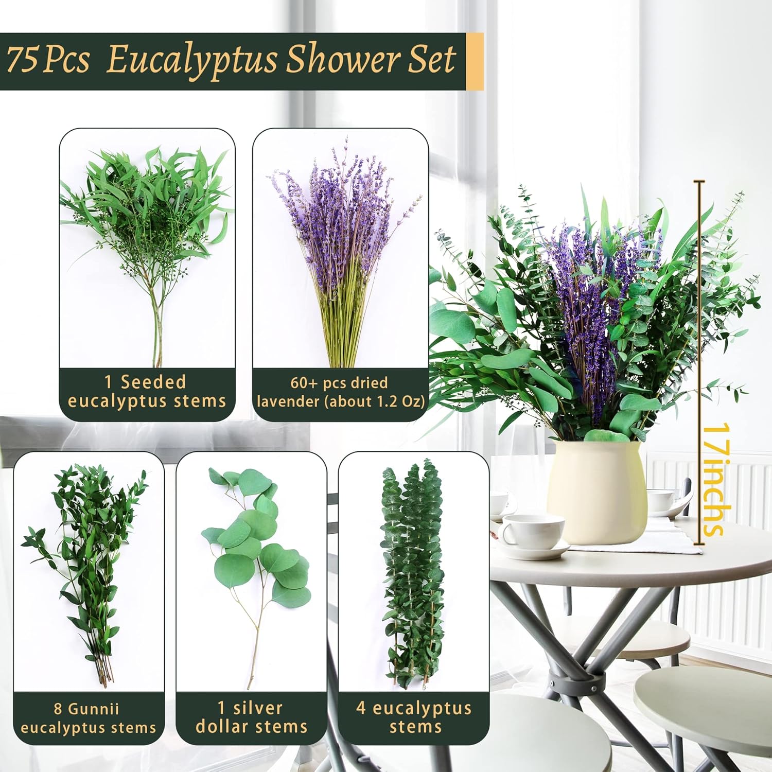 5 Kinds Eucalyptus & Lavender Flowers Bundles For Shower, 17'' Real Plants Leaves, Shower Wedding Home Decor, Shower Eucalyptus Haning Plants, Witchy Decor Aesthetic (75Pcs)