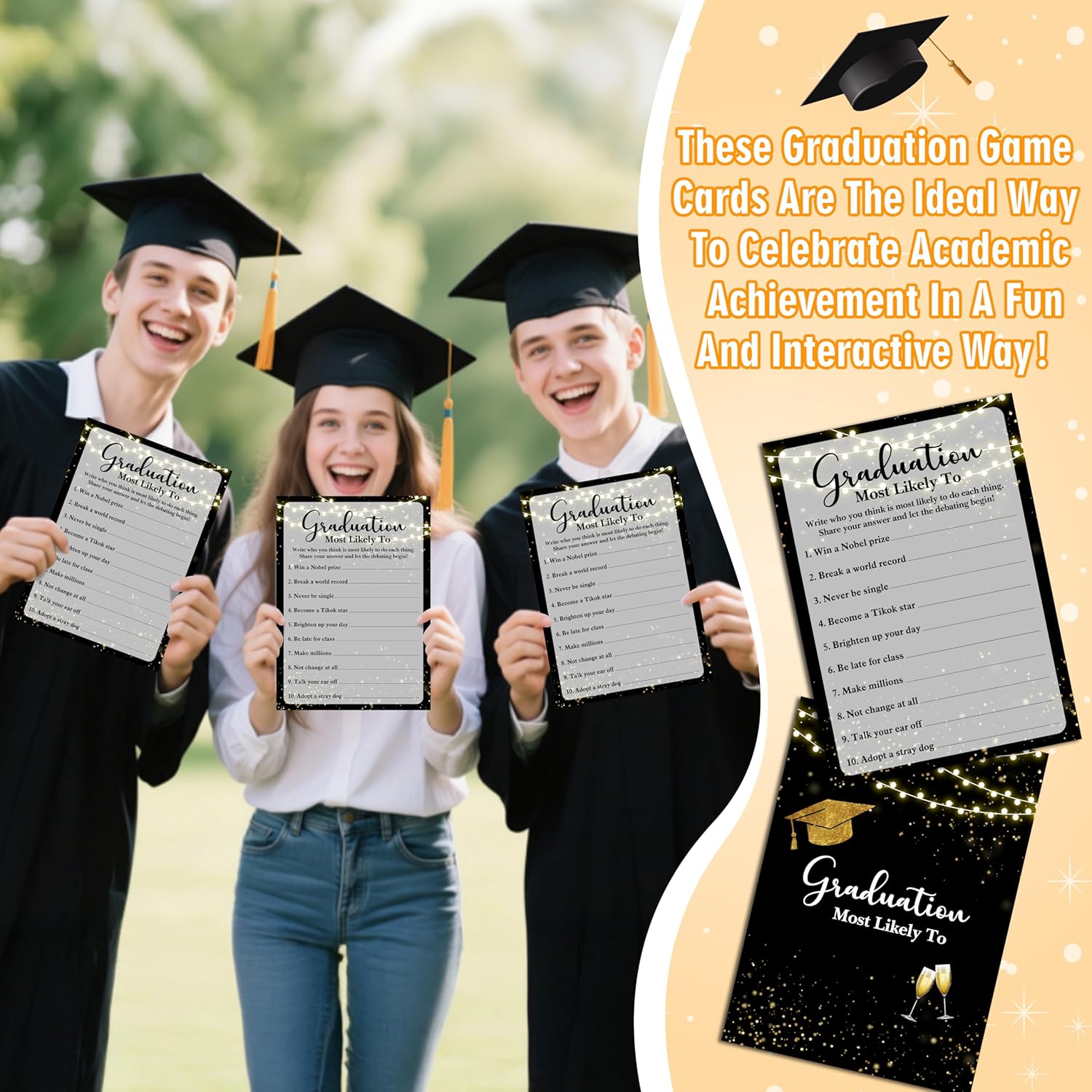 Graduation Games, Black Gold Grad Party Game Cards For Adults, Graduation Most Likely To Games, Graduation Celebration Party Favors Supplies, 25 Pack (07)