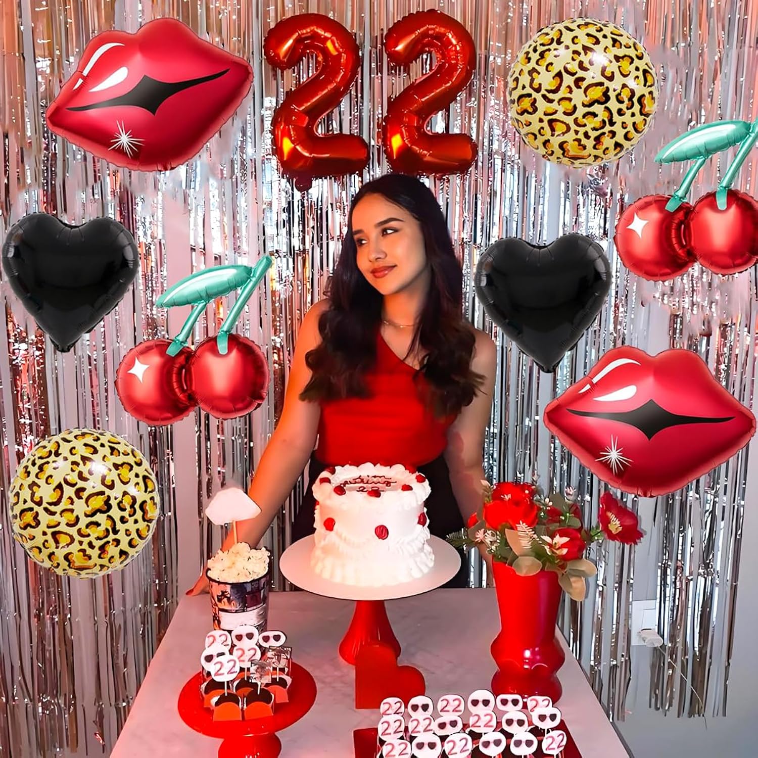 8Pcs Black And Red Balloons - Red Lip Balloons Cherry Balloons Cheetah Print Pattern Balloon And Black Heart Balloon For Women Birthday Party - Kiss The Miss Goodbye - Valentines Day Decorations