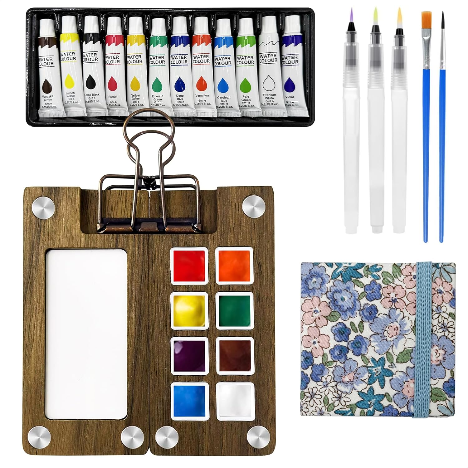 Mini Watercolor Paint Set, Travel Paint Kit, Pocket Watercolor Set With Paint, Brush, Sketchbook & Copper Clip For Beginners, Artists & Painting Lovers