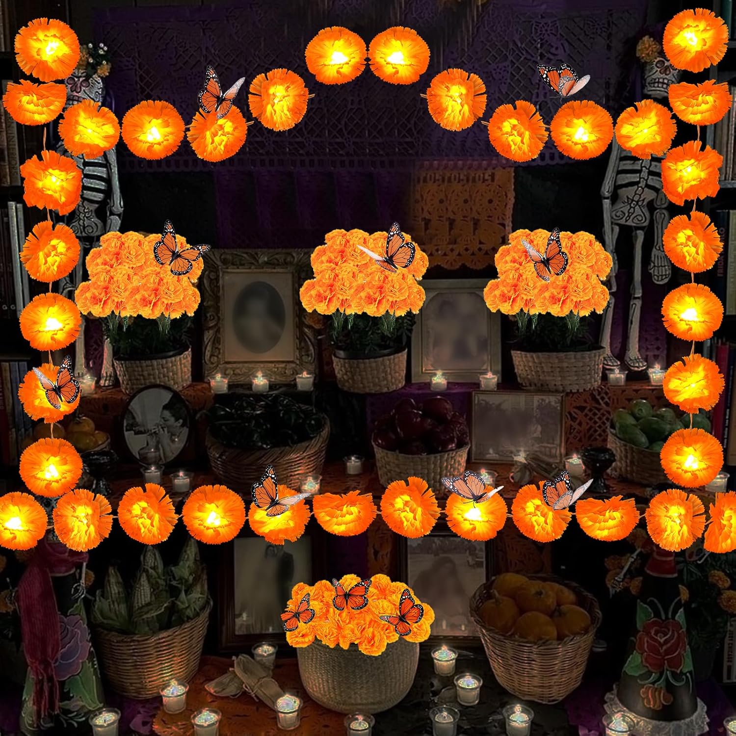 56Pcs Day Of The Dead Decorations 2Pcs 8Ft Lighted Marigold Garland 30Pcs Artificial Marigold Flowers With Stem 24Pcs Butterfly Dia De Los Muertos Decor For Diwali Indian Altar Halloween Party