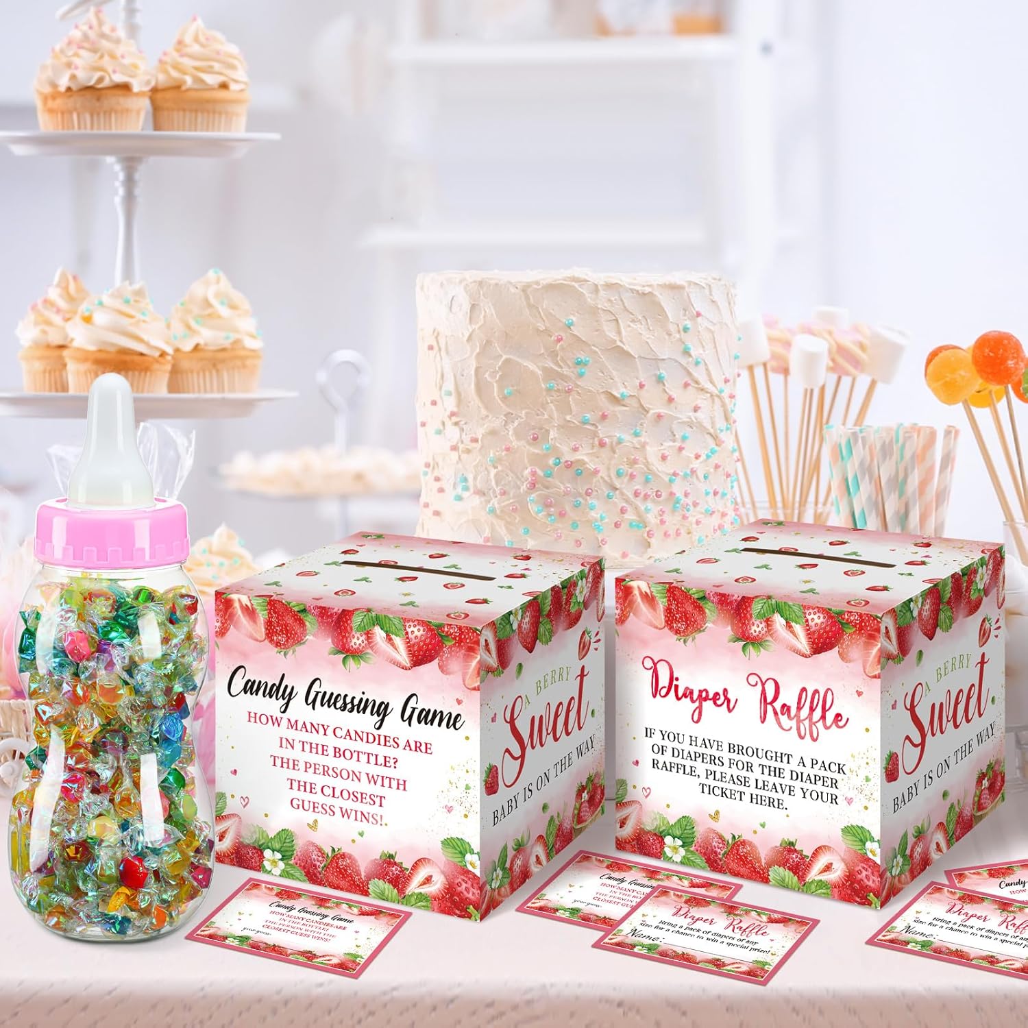 102 Pcs Pink Strawberry Diaper Raffle Tickets Box Game For Baby Shower With Pink Strawberry Diaper Raffle Card Guess Candy Game For Baby Shower Gender Reveal Party Decoration Table Centerpiece