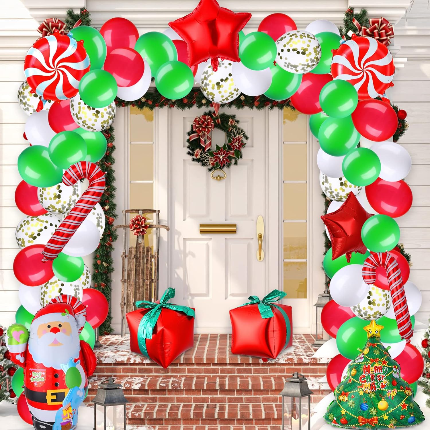 Christmas Balloon Garland Arch Kit 144 Pieces With Red White Candy Gift Box And Star Balloons For Xmas Party Decorations