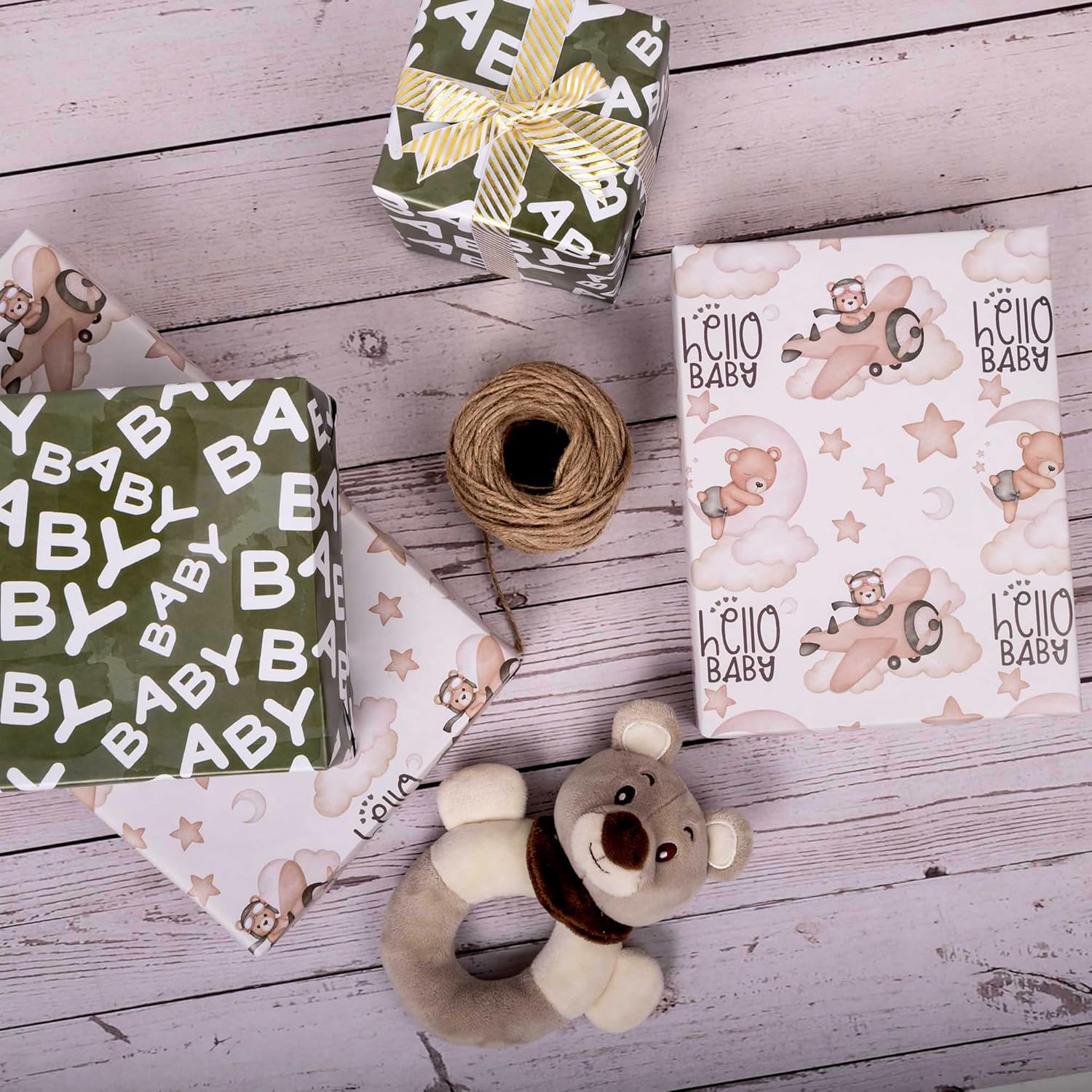 Reverible Baby Shower Wrapping Paper Roll Baby Gift Wrap Sheets With Green Brown Bear Airplane And Baby Words Pattern For Girls Boys Wedding Neutral Baby Shower Birthday Party - Total 28.5Sq.Ft
