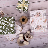 Reverible Baby Shower Wrapping Paper Roll Baby Gift Wrap Sheets With Green Brown Bear Airplane And Baby Words Pattern For Girls Boys Wedding Neutral Baby Shower Birthday Party - Total 28.5Sq.Ft