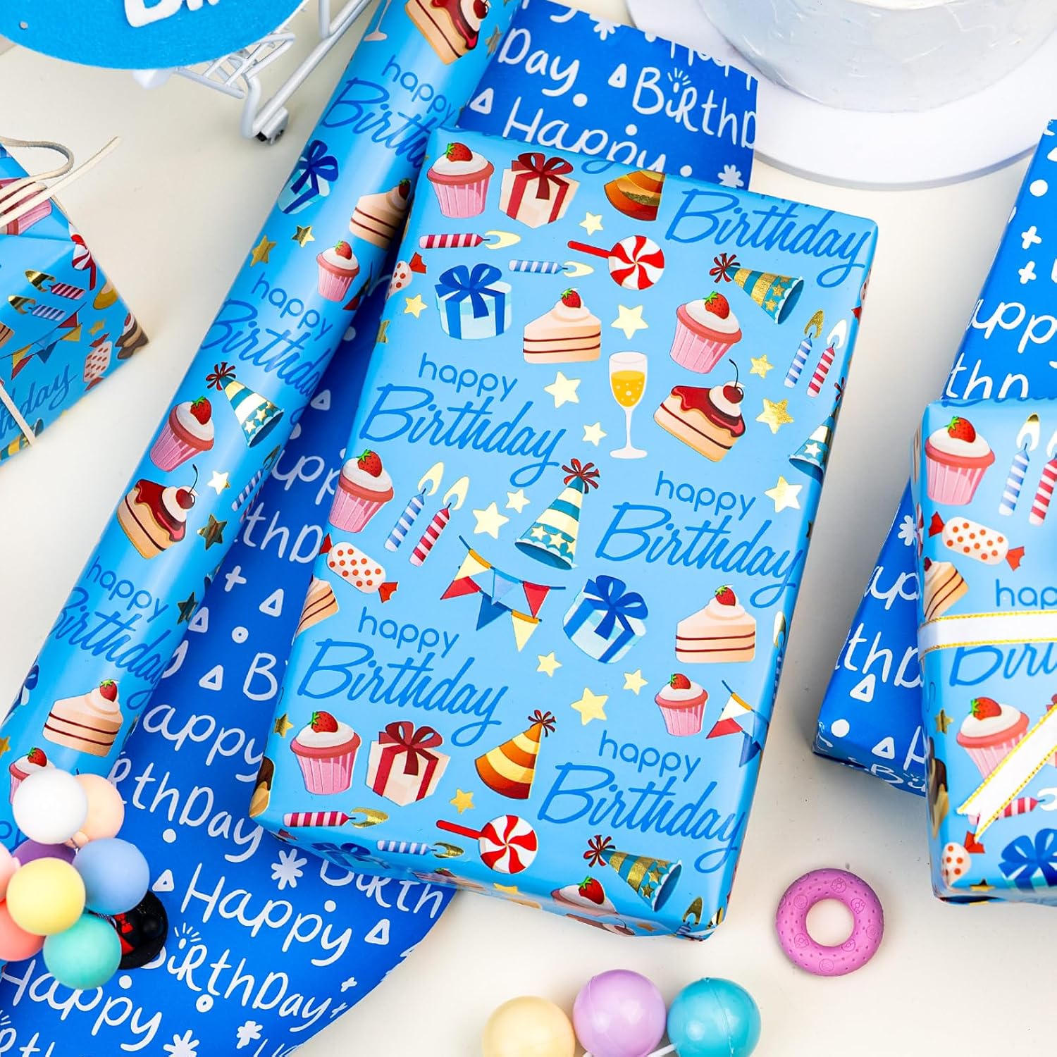 Light Blue Wrapping Paper, Reversible Happy Birthday Letterings & Festive Party Icons Gift Wrap For Boys, Birthday, Baby Shower, Party (17 Inch X 16.5 Feet)