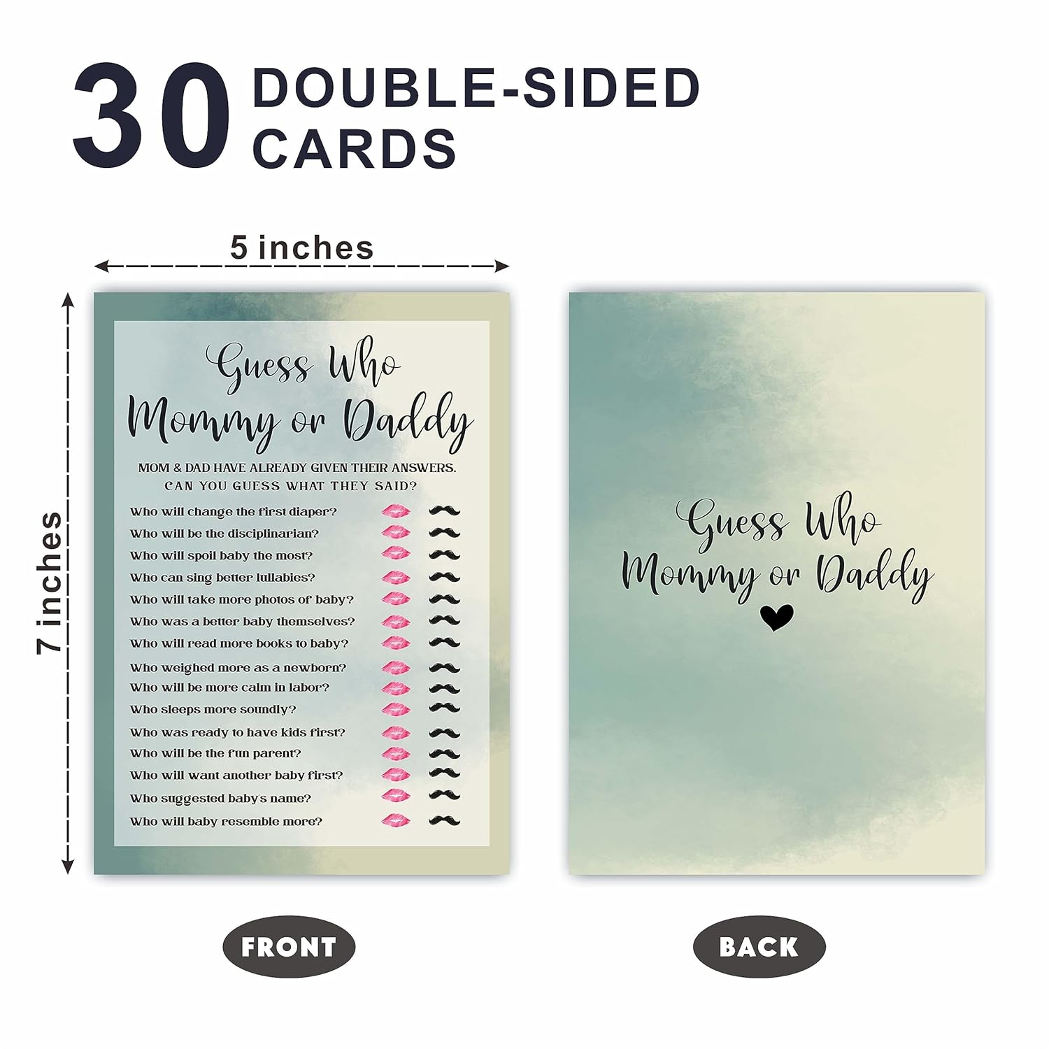 Guess Who Mommy Or Daddy Game Cards For Baby Shower - Agate Green - Gender Reveal, Baby Announcement, Gender Neutral Fill In Game Kit For Baby Shower, Party Favor & Supplies(30Pcs)-E03