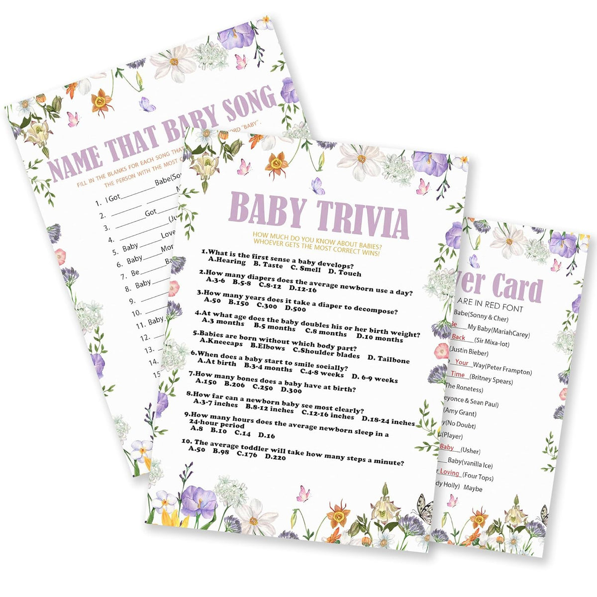 Flowers Baby Shower Games - Name That Baby Song & Trivia - 30 Can Be Used On Both Sides Game Cards & 1 Answer Card For Boys & Girls-Gender Reveal Activity, Party Favors & Decorations - B02