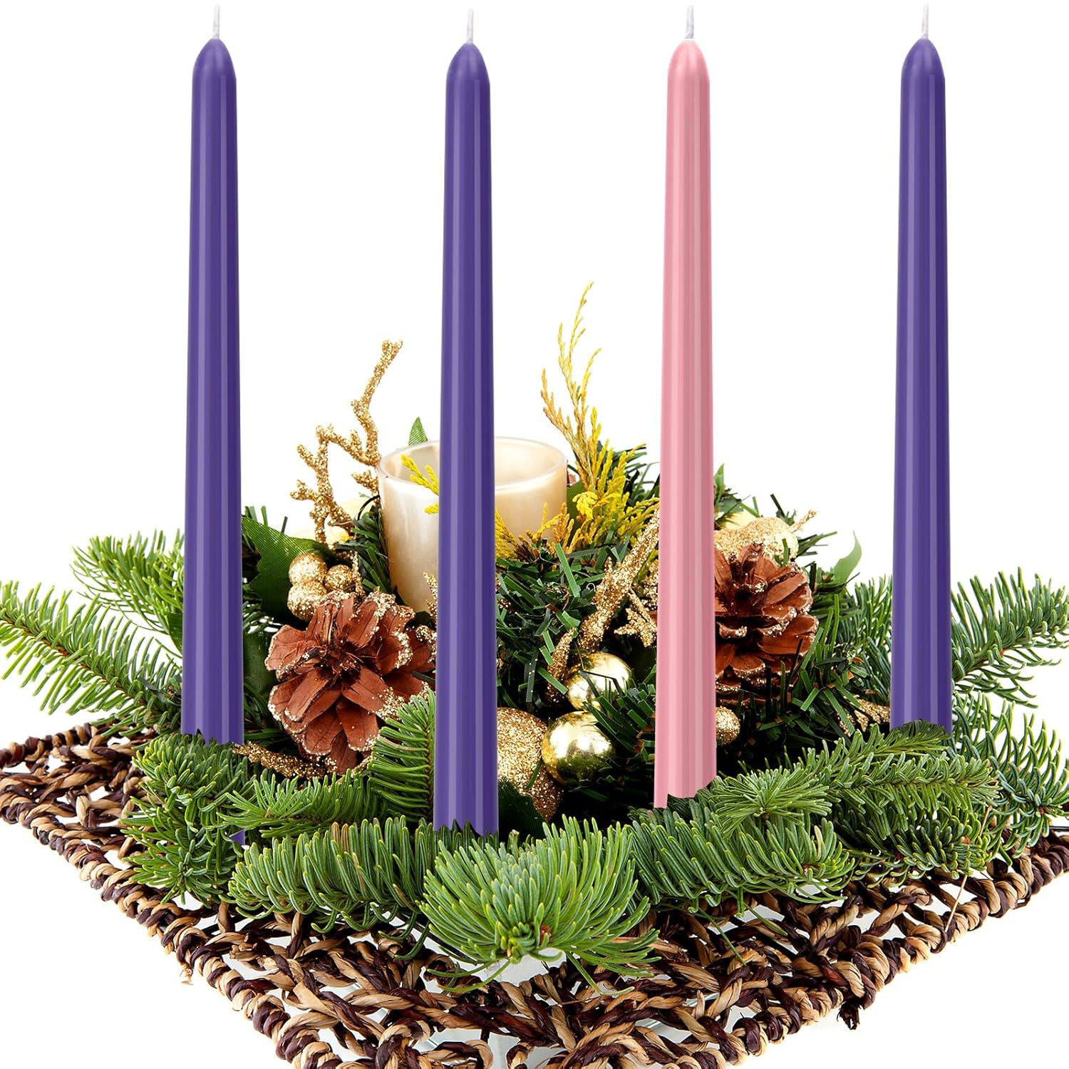 4 Pack Advent Candles Set - 10-Inch Dripless, Unscented, Smokeless, Long-Lasting Advent Tapered Candles For Christmas, Hand-Poured In Pink And Purple