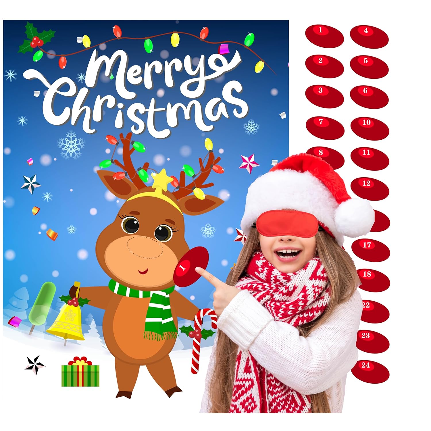 Pin The Nose On The Reindeer Christmas Party Games For Kids Xmas Activities Holiday Party Game With 24Pcs Nose Stickers Pin The Tail Christmas Party Favors Supplies For Adults
