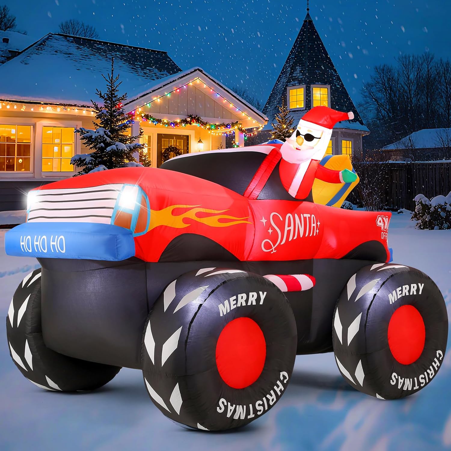 7Ft Christmas Inflatables Outdoor, Santa Claus On Monster Truck Blow Up Yard Decor With Built-In Led Lights, Waterproof