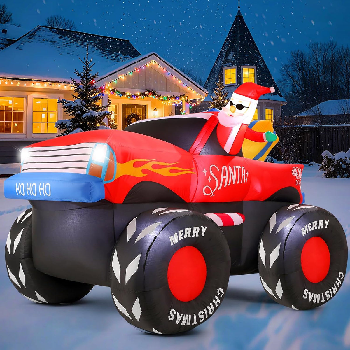 7Ft Christmas Inflatables Outdoor, Santa Claus On Monster Truck Blow Up Yard Decor With Built-In Led Lights, Waterproof