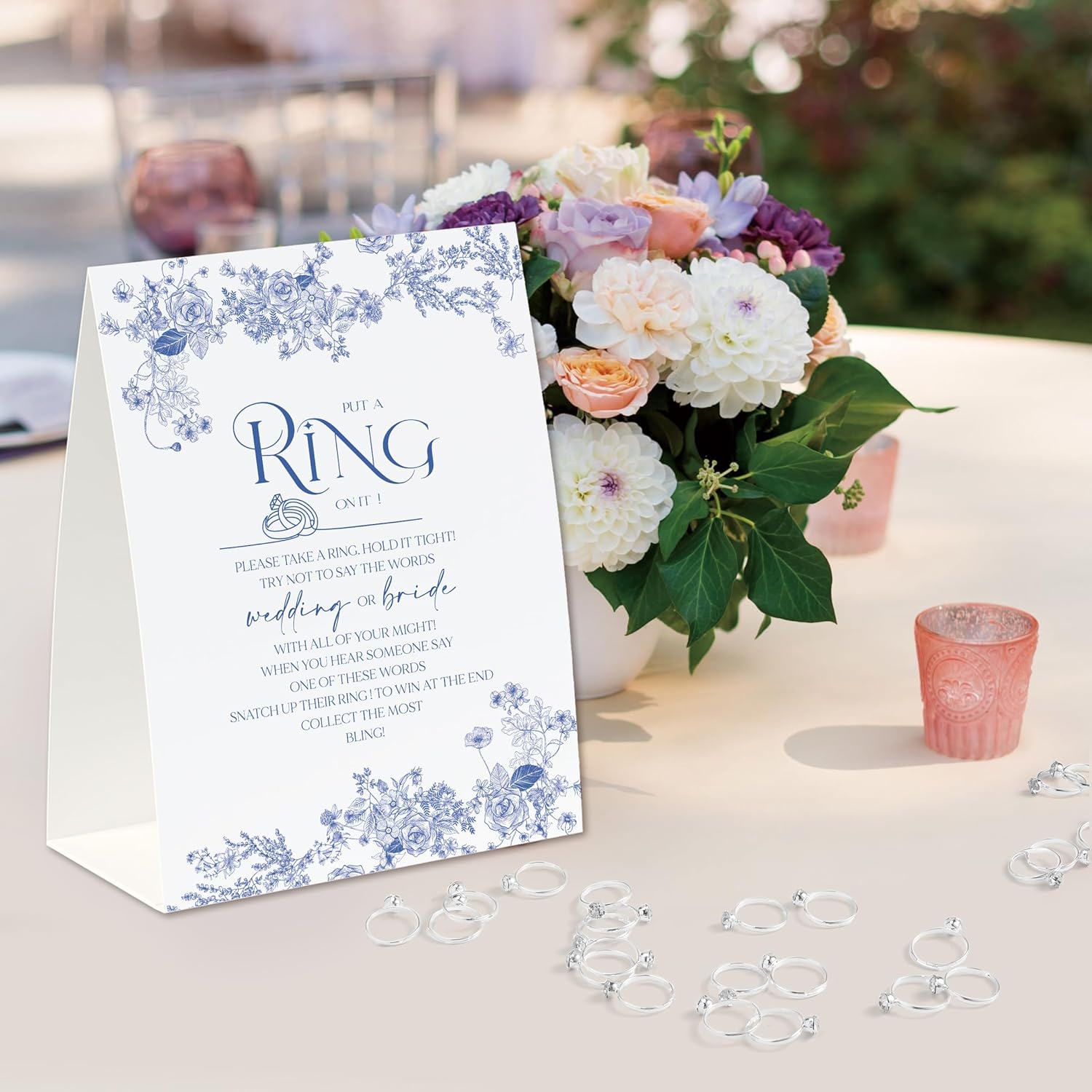 Put A Ring On It Game (50 Rings With One Sign), Don'T Say Wedding Or Bride, Fun Bridal Shower Game, Blue Floral