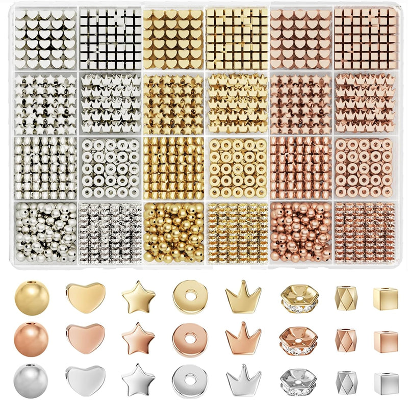 Gold Beads For Jewelry Bracelets Making, 1740 Pcs 8 Styles Spacer Beads Kit (G